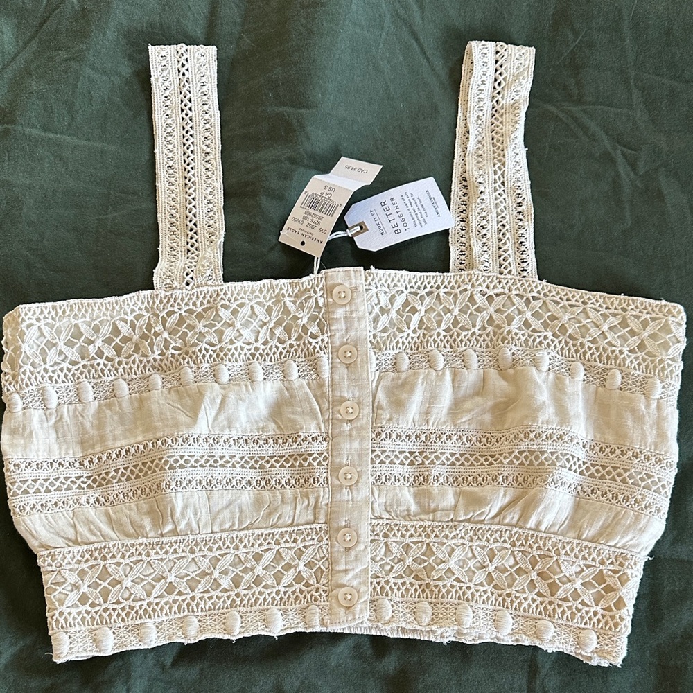 American Eagle Outfitters Cream Lace Button-Up Crop Top